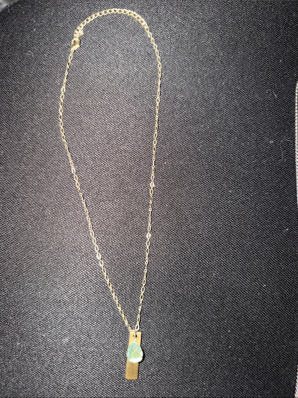 Gold Tone Bar Necklace with Teardrop Green Pendant